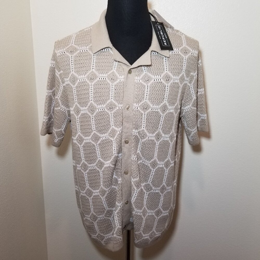 For The Republic Mens M Beige Crochet Short Sleeve Button-Up Shirt Retro Hip NWT